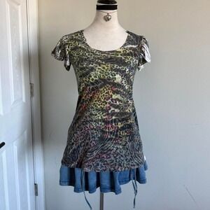 Y2K Vanity rainbow faded leopard print top ruffle sleeves and tie detail Size M